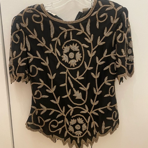 Laurence Kazar Tops - Laurence Kazar Embellished Black and Tan Short Sleeve Blouse